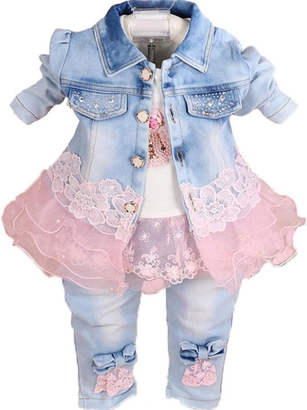 Chic Baby Girls 3-Piece Denim Outfit Set - T-Shirt, Jacket & Jeans Combo